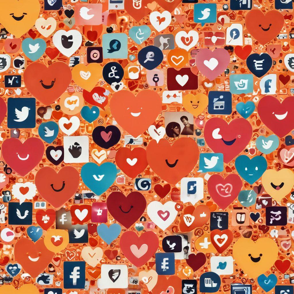 A heart-shaped collage made of various social media icons interwoven with images of couples laughing and sharing intimate moments together, surrounded by glowing warm colors that evoke a sense of passion and connection. Elements like messages, emojis, and hearts float around, bridging the gap between digital interaction and real-life intimacy. dreamy illustration. vibrant colors. soft glow.