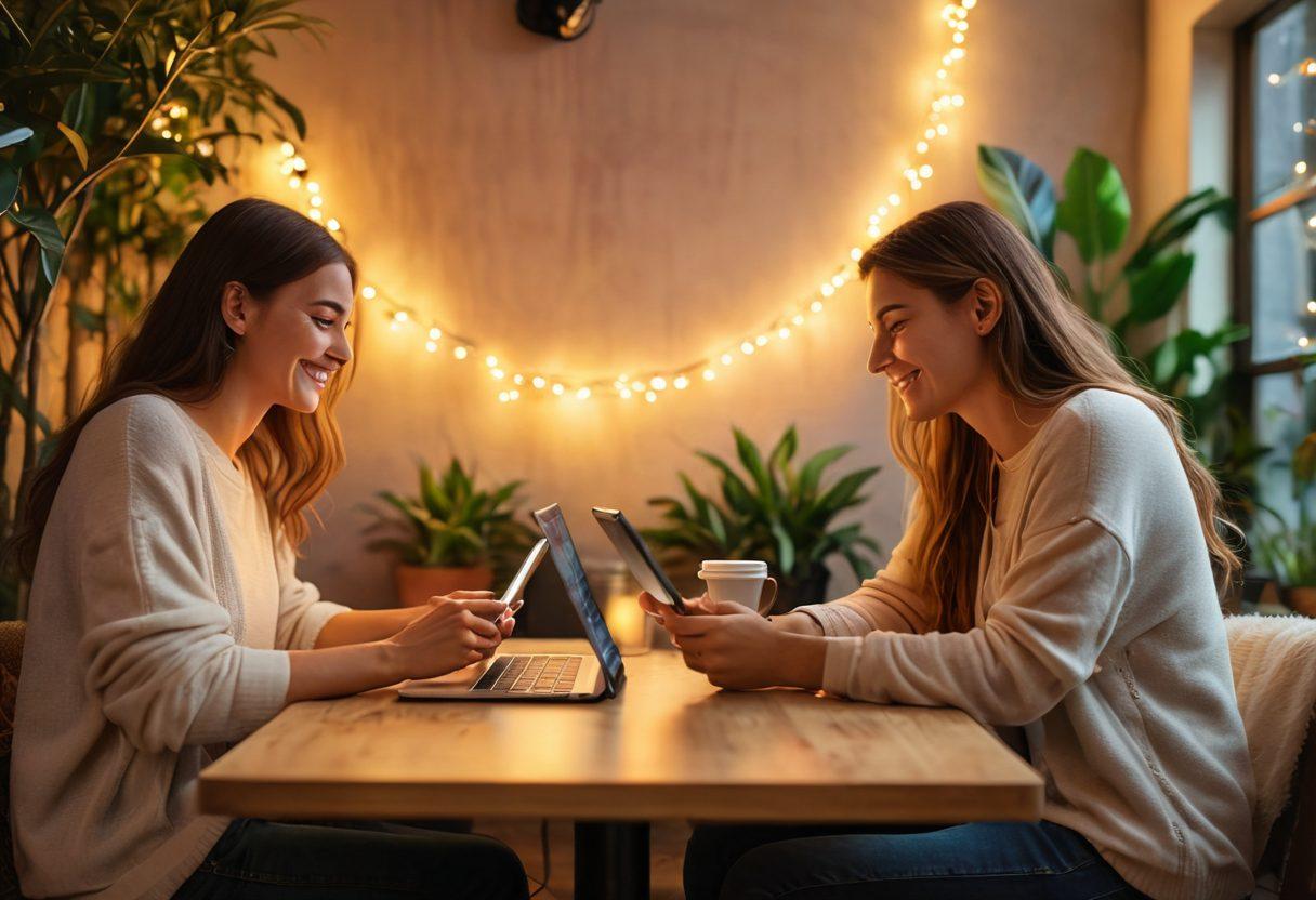 A cozy digital cafe setting with a couple sitting at a table, sharing a laptop and smiling at each other, surrounded by soft, glowing fairy lights. Their hands are almost touching, symbolizing emotional connection, while their smartphones rest nearby. A warm, inviting atmosphere with plants and vibrant colors. super-realistic. soft lighting. warm tones.