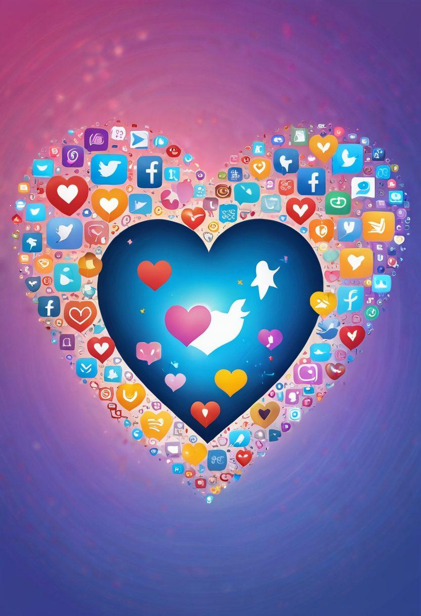 A beautifully intertwined heart formed by various social media icons, symbolizing romance and connection. In the backdrop, a soft glow of digital screens displaying loving messages and emojis. The scene evokes a sense of warmth and intimacy, drawing attention to the blend of technology and relationships. Whimsical pastel colors add a dreamy touch to the overall composition. vector art. vibrant colors.